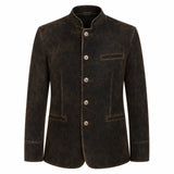 A men's dark brown textured jacket with a mandarin collar, four decorative buttons, and a welt pocket on the chest, shown against a plain white background.