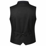 Black men's formal vest shown from the back, featuring a structured collar with a subtle geometric pattern, a matching waist belt with a silver buckle, and a clean silhouette on a white background.