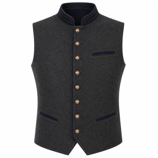 A dark gray wool-like waistcoat vest with a stand collar, gold-tone front buttons, and dark navy blue trim details on the collar, pockets, and chest pocket.