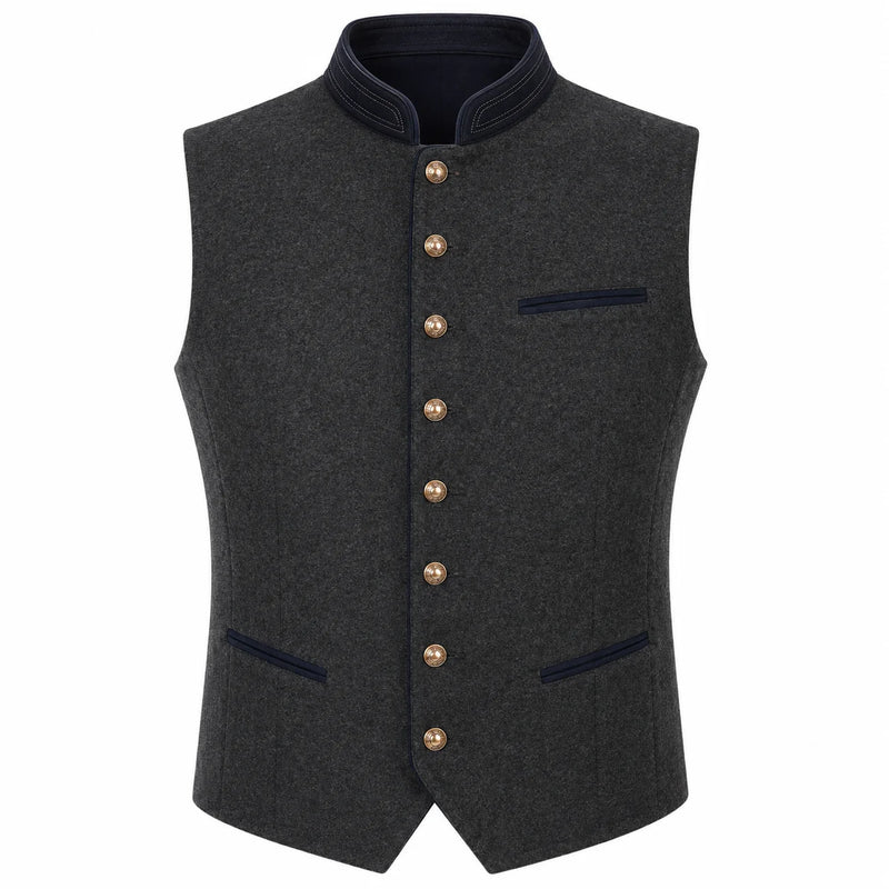 A dark gray wool-like waistcoat vest with a stand collar, gold-tone front buttons, and dark navy blue trim details on the collar, pockets, and chest pocket.
