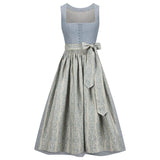 Two-tone dirndl  dress with light blue top and patterned skirt on a white background