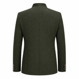 The back view of a men's dark olive green wool blazer with a stand collar and button details on the cuffs, shown on a plain white background.
