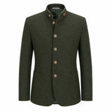 An olive green men's jacket with a mandarin collar, four brown buttons, and a single chest pocket, shown against a plain white background.