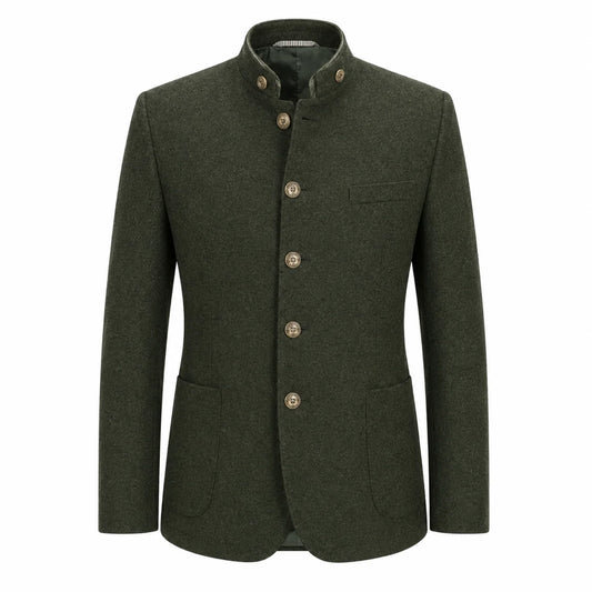 An olive green men's jacket with a mandarin collar, four brown buttons, and a single chest pocket, shown against a plain white background.