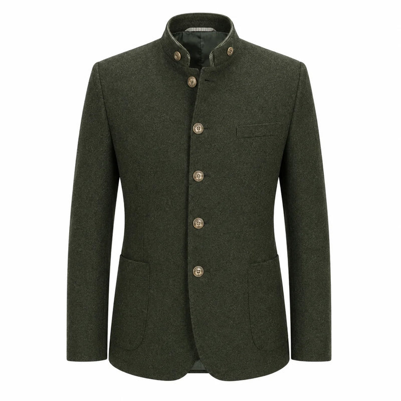 An olive green men's jacket with a mandarin collar, four brown buttons, and a single chest pocket, shown against a plain white background.