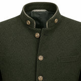 Close-up of a dark olive green wool jacket with a mandarin collar, brown buttons, and a striped inner lining.