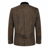 A men's brown suede jacket shown from the back, featuring dark brown patchwork elbow patches and a dark collar, photographed against a solid white background.