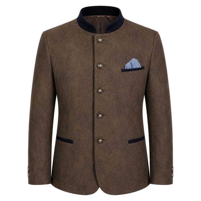 A men's brown textured blazer jacket with a mandarin collar, dark navy blue trim, and a matching patterned pocket square, shown on a plain white background.