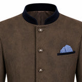 A close-up of a brown textured jacket with a dark navy stand collar, three front buttons, and a matching navy pocket square with a blue and white checkered pattern, shown on a white background.