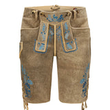 Brown leather shorts with blue embroidery on a white background