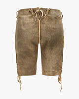 Brown leather shorts with drawstrings on a white background