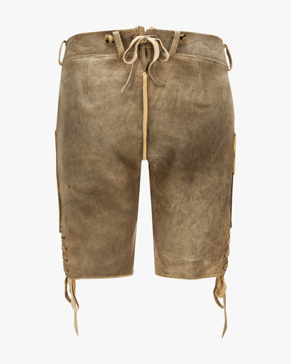 Brown leather shorts with drawstrings on a white background