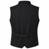 Black men's waistcoat vest with a decorative patterned collar and a matching waist belt with a silver buckle, shown from the back on a white background.