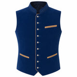 A men's sleeveless waistcoat vest in deep navy blue, featuring a mandarin collar with embroidered detailing, decorative silver-tone buttons down the front, and gold-colored piping accents on the chest and pockets.