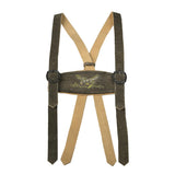 Suspenders with a decorative patch on a white background