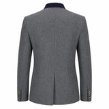 A men's gray textured blazer shown from the back, featuring a dark navy blue inner collar and gold-tone button details on the cuffs, set against a plain white background.