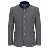 A men's gray textured jacket with a dark navy blue mandarin collar, decorative silver-tone buttons, and flap pockets, shown on a plain white background.