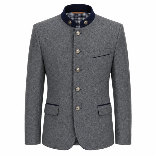 A men's gray textured jacket with a dark navy blue mandarin collar, decorative silver-tone buttons, and flap pockets, shown on a plain white background.