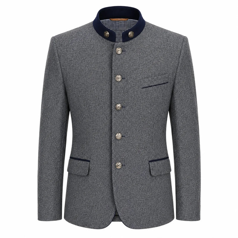 A men's gray textured jacket with a dark navy blue mandarin collar, decorative silver-tone buttons, and flap pockets, shown on a plain white background.