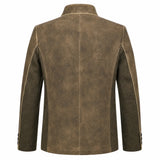 A men's brown suede jacket with contrasting dark brown textured sleeves, shown from the back on a white background.