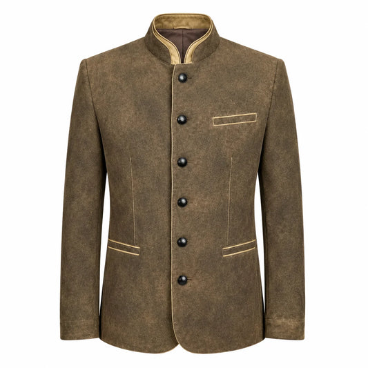A men's brown jacket with a mandarin collar, black buttons, and beige contrast stitching, shown against a plain white background.