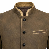 Close-up of a brown textured jacket with a mandarin collar, beige contrast piping, and three black buttons down the front.