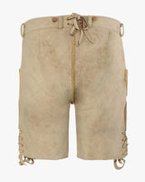 Beige shorts with lace-up details on a white background