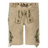 Beige shorts with green embroidery on a white background