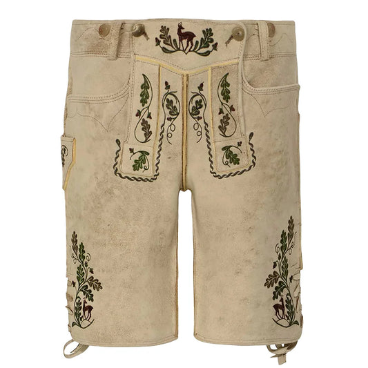 Beige shorts with green embroidery on a white background