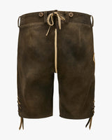 Brown leather shorts with button details on a white background