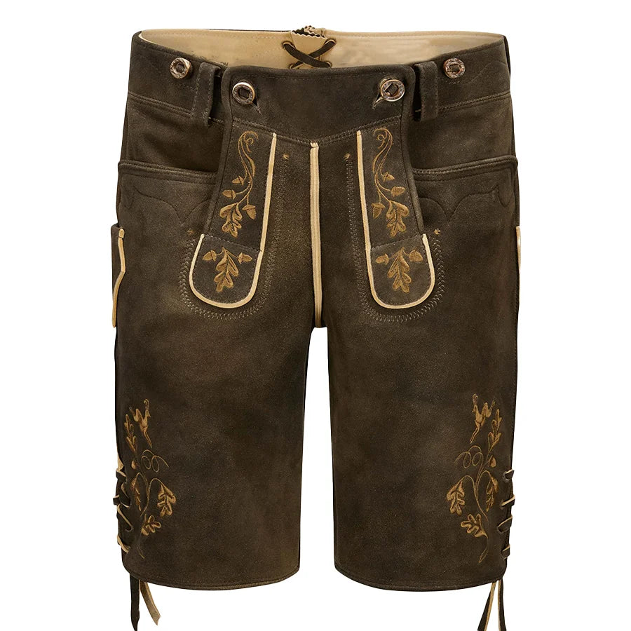 Brown leather shorts with gold embroidery on a white background