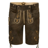 Brown leather shorts with gold embroidery on a white background