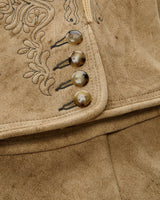 Close-up of a brown leather jacket with decorative stitching and buttons.