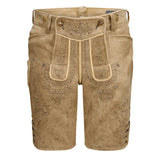 Beige leather shorts with intricate embroidery on a white background