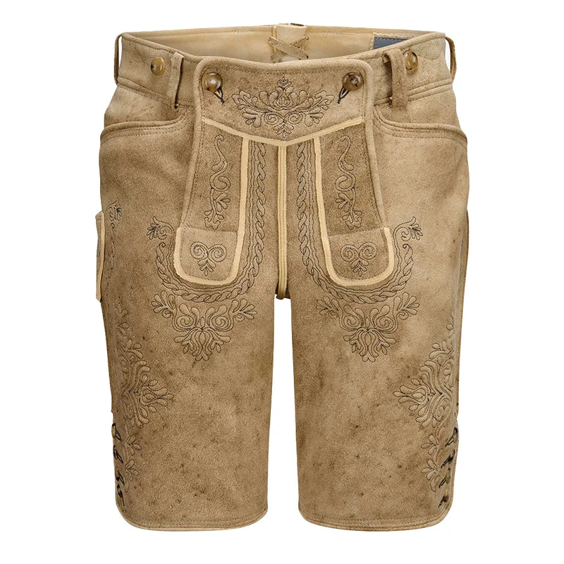 Beige leather shorts with intricate embroidery on a white background