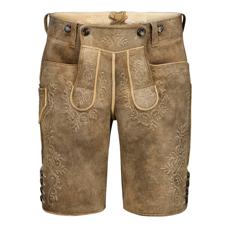 Brown leather shorts with embroidery on a white background