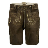 Brown leather shorts with decorative stitching on a white background