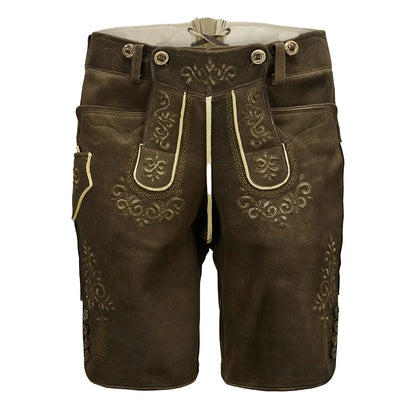 Brown leather shorts with decorative stitching on a white background