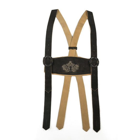 Black and beige suspenders with floral design on a white background