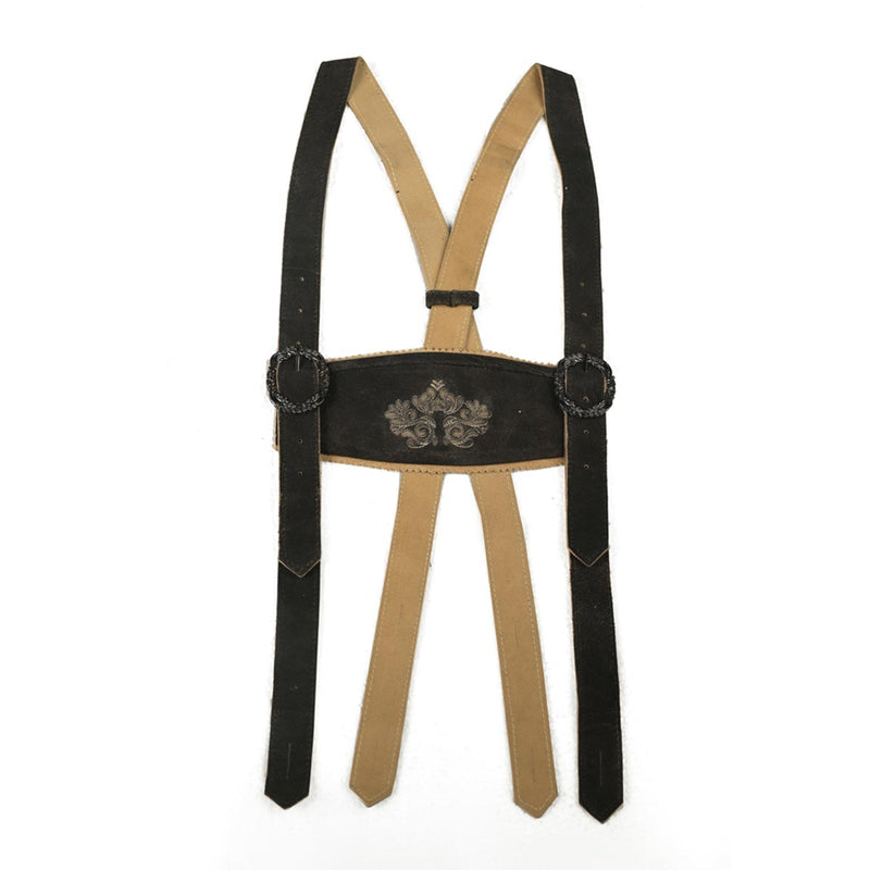Black and beige suspenders with floral design on a white background
