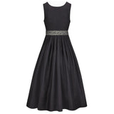 Black dress with a silver belt on a white background