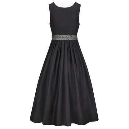 Black dress with a silver belt on a white background