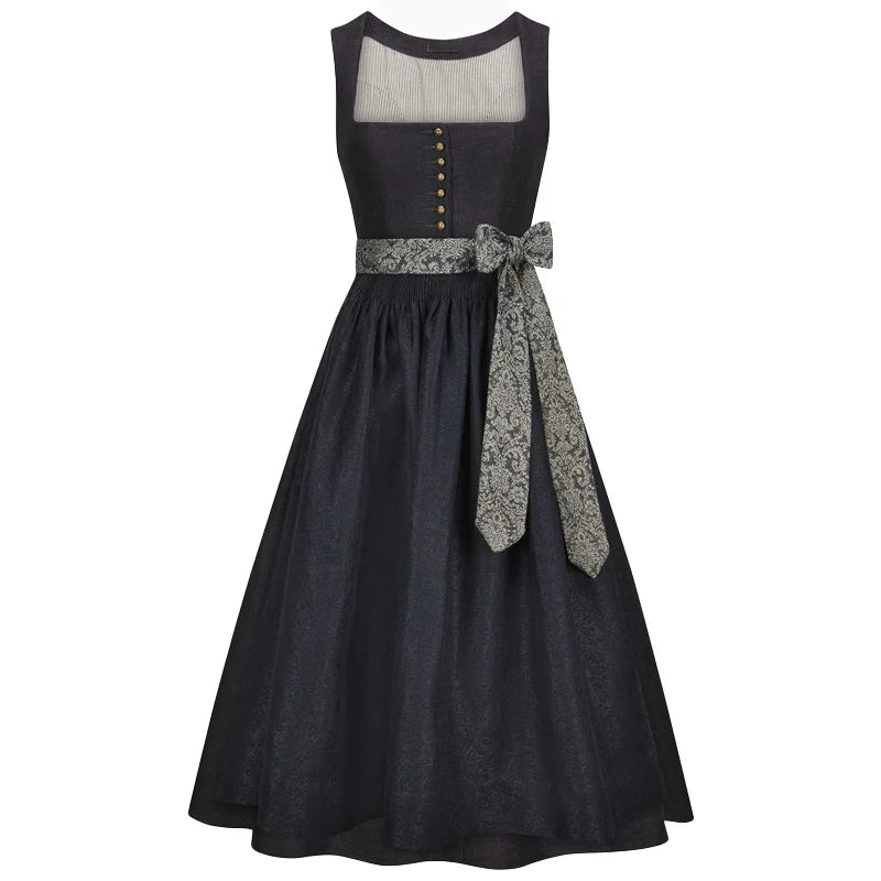 Black dress with a patterned belt on a white background