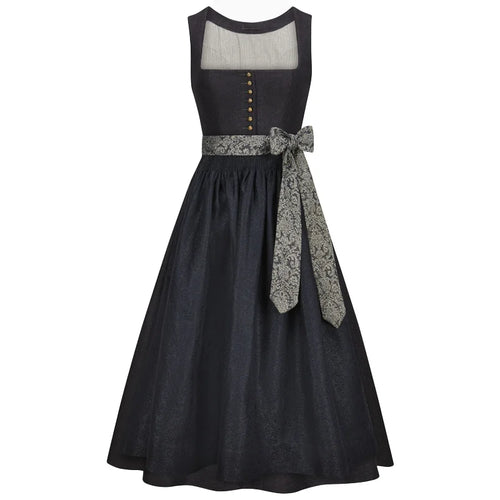 Black dress with a patterned belt on a white background