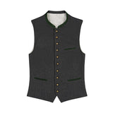 Gray vest with green trim and gold buttons on a white background