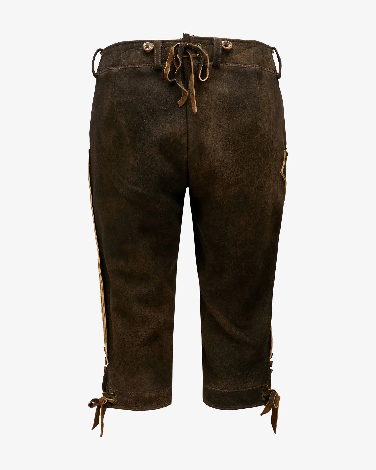 Brown leather pants with drawstrings on a white background