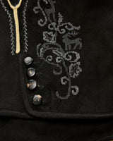 Close-up of a black garment with decorative stitching and buttons.