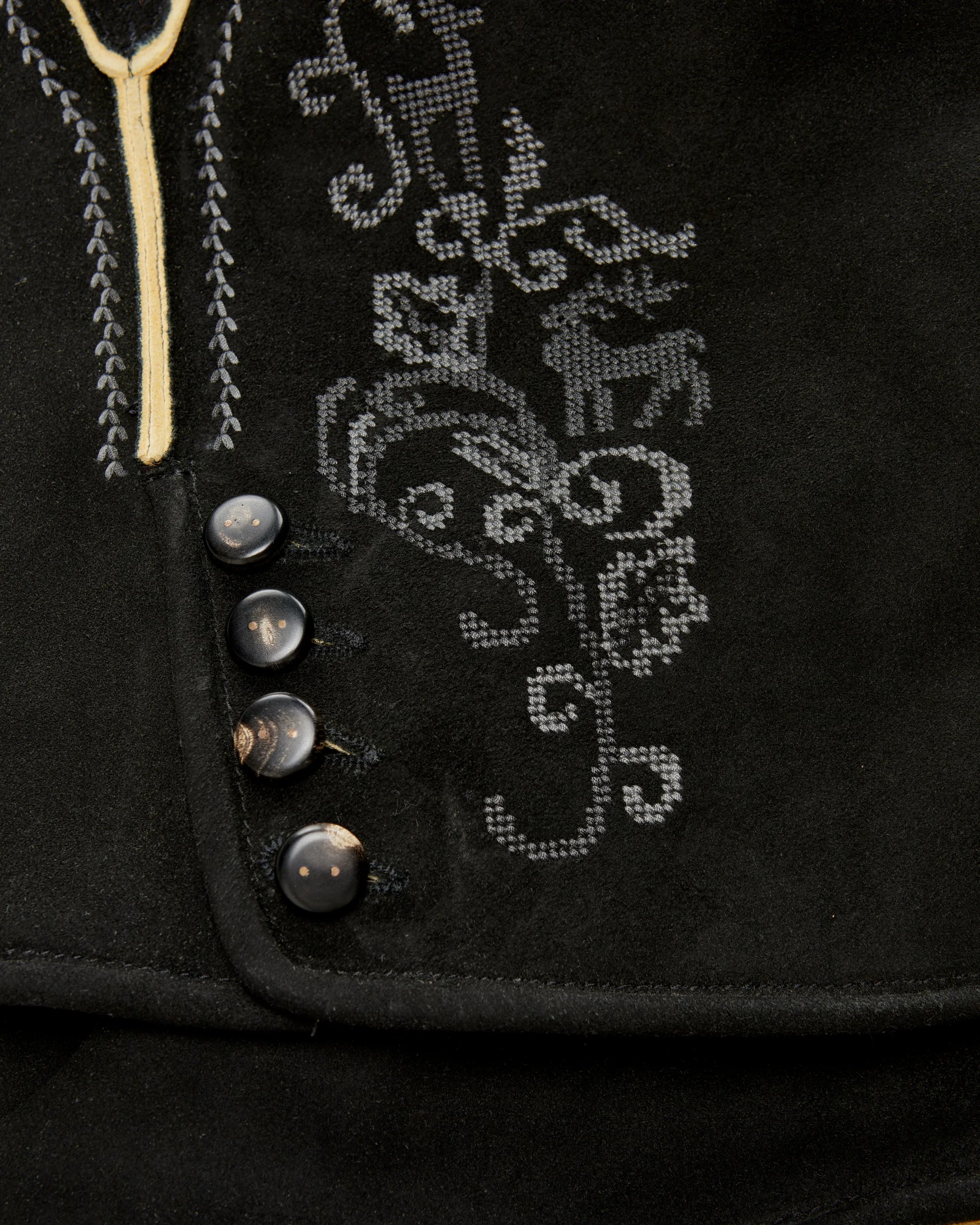 Close-up of a black garment with decorative stitching and buttons.