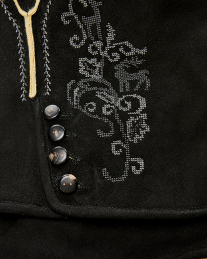 Close-up of a black garment with decorative stitching and buttons.