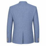 The back view of a men's blazer in a heathered medium blue fabric, featuring structured shoulders, a central seam, and three gold buttons on the cuffs, set against a plain white background.